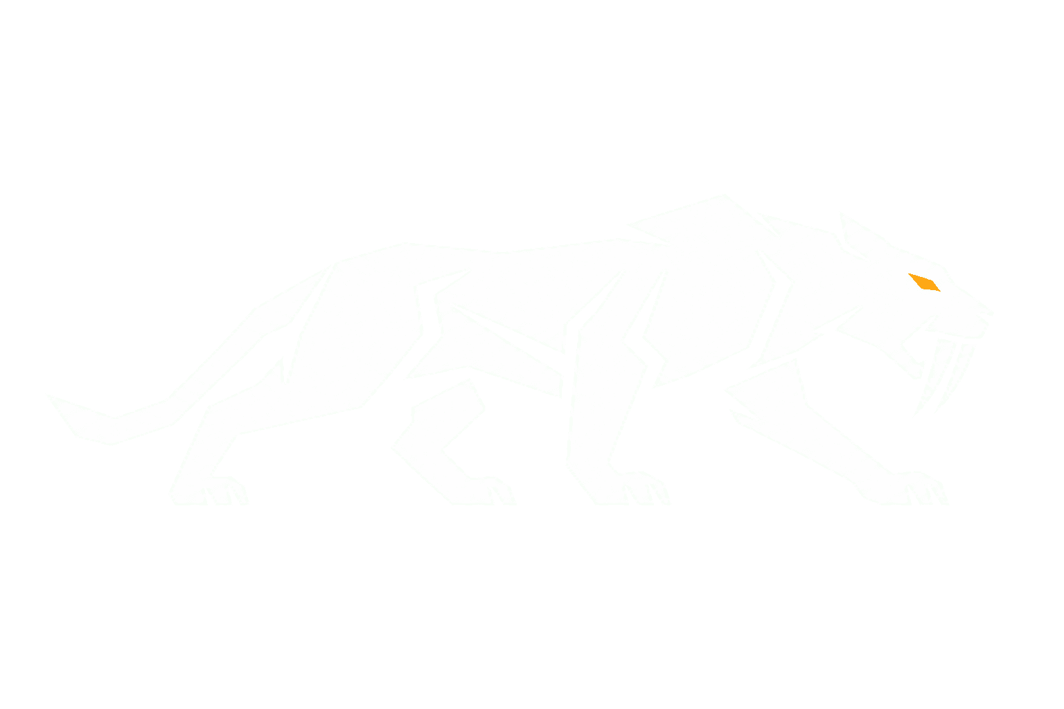 ARONOKI full-body saber-cat brand artwork, prowling with long canine teeth