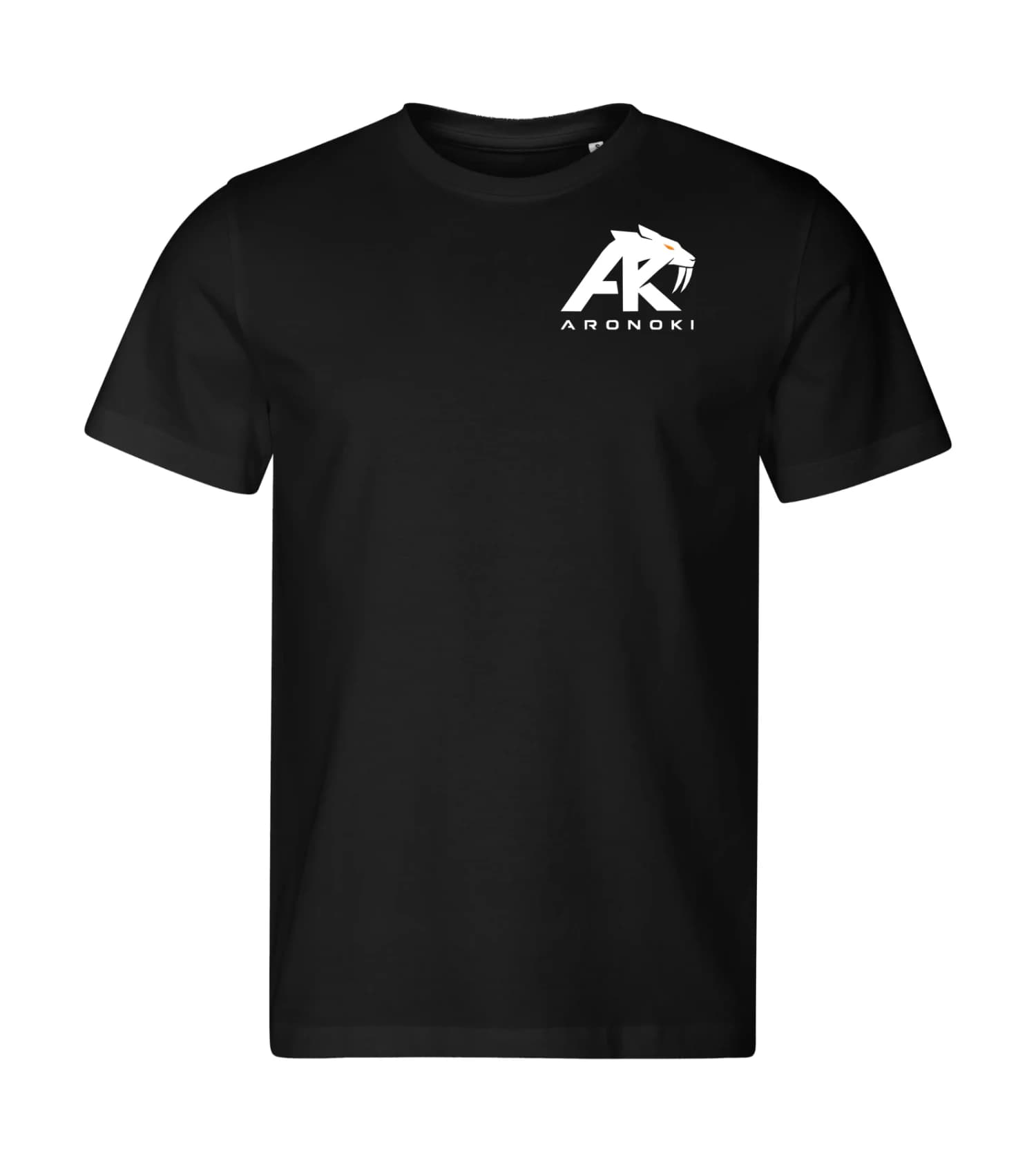 Black ARONOKI Born 01 T-shirt front with the white AK saber-cat chest logo