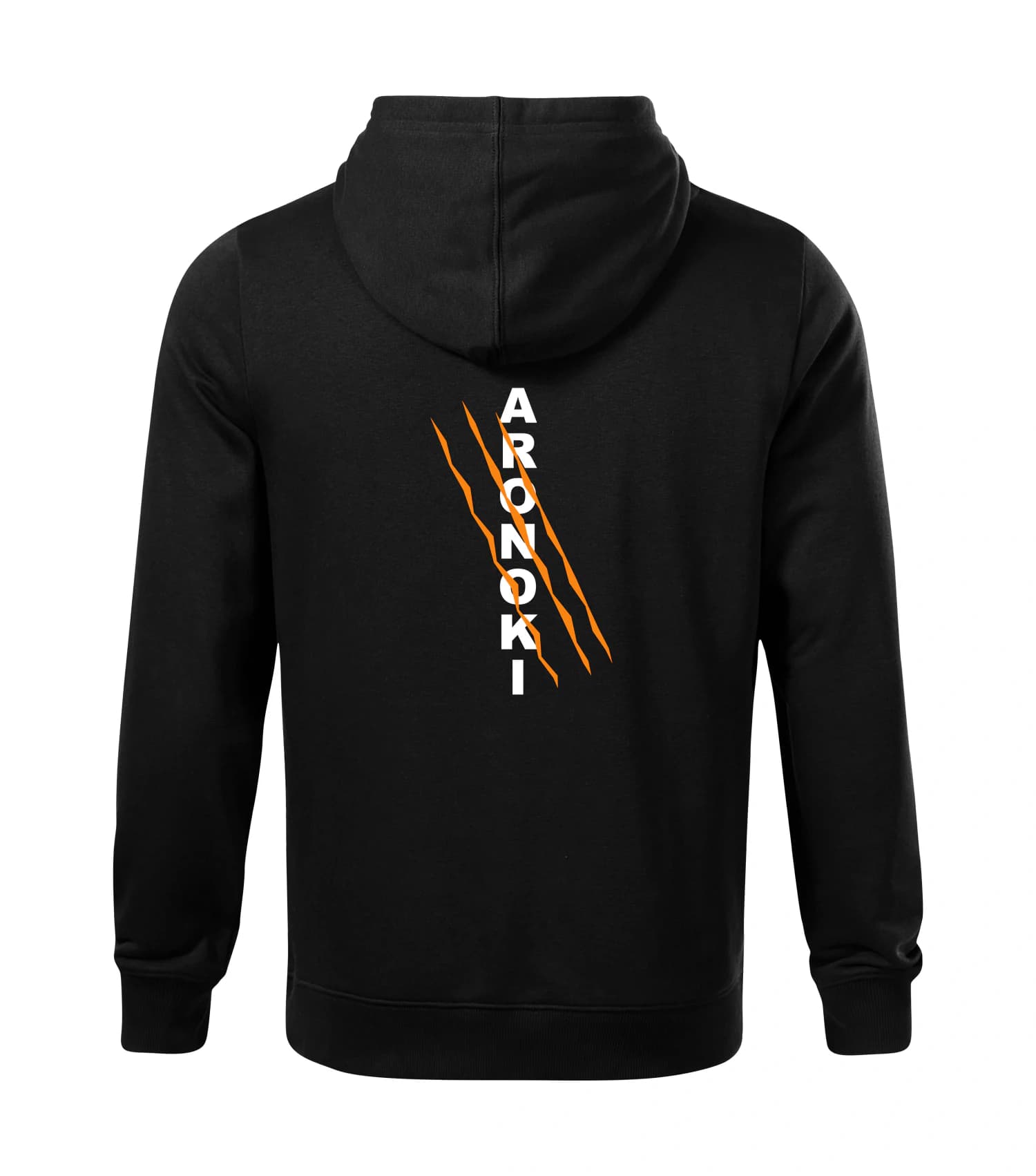 Black ARONOKI Hunter 05 hoodie back with vertical ARONOKI lettering and orange claw marks