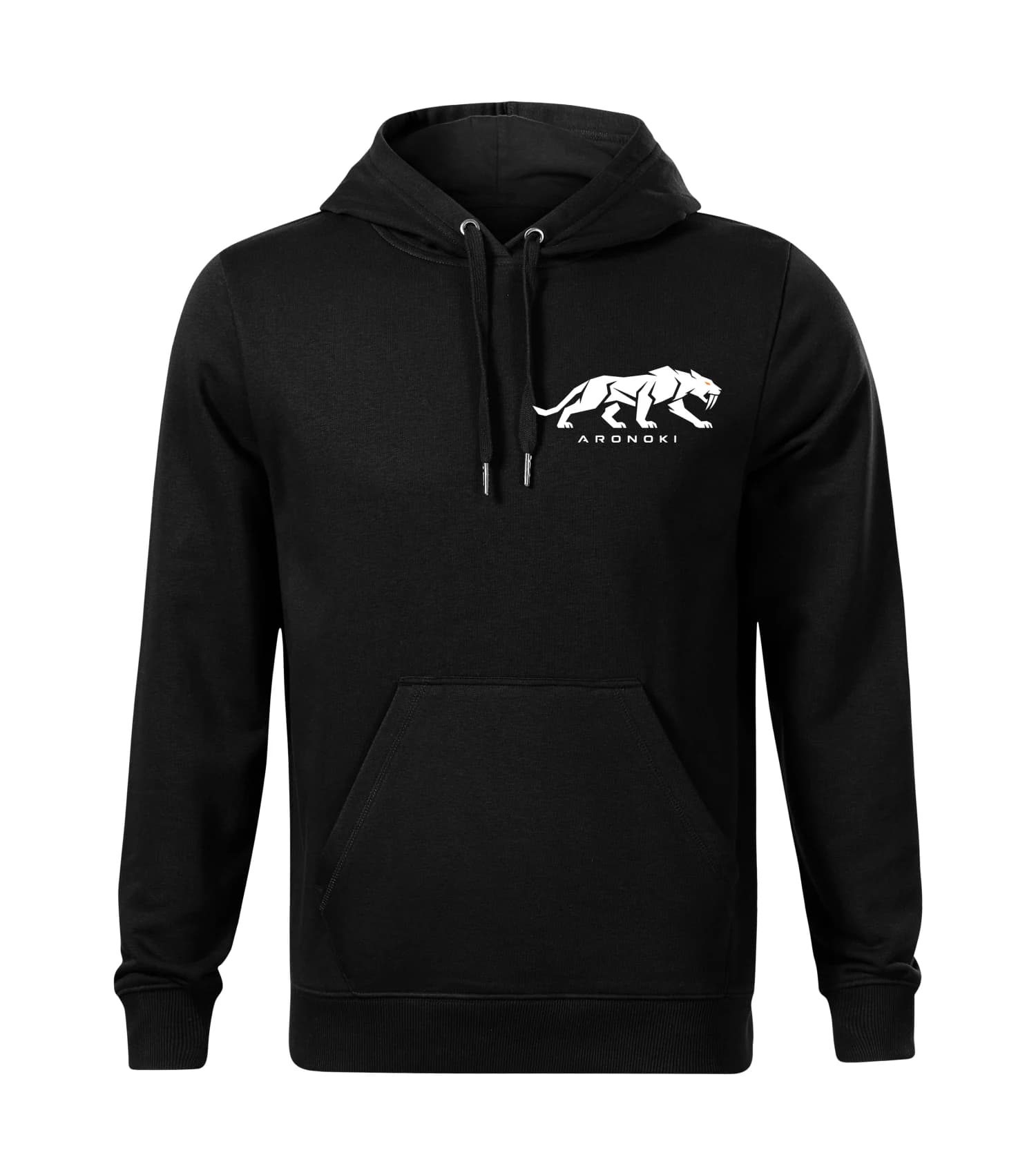 Black ARONOKI Hunter 05 hoodie front with the white prowling Dinofelis chest artwork